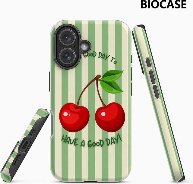 Potdemiel Handyhülle mit Kirschen-Design auf grünen Streifen für iPhone 17 16 15 14 13 Pro Max Plus, mehrfarbig, doppelschichtige Rückseite - Bild 1