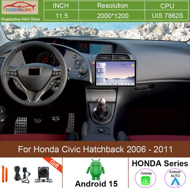 Roadonline Android 15 Autoradio mit 11,5 Zoll Display für Honda Civic Hatchback 2006 - 2011, Multimedia Navigation Stereo Head Unit mit Carplay, Schwarz - Bild 1