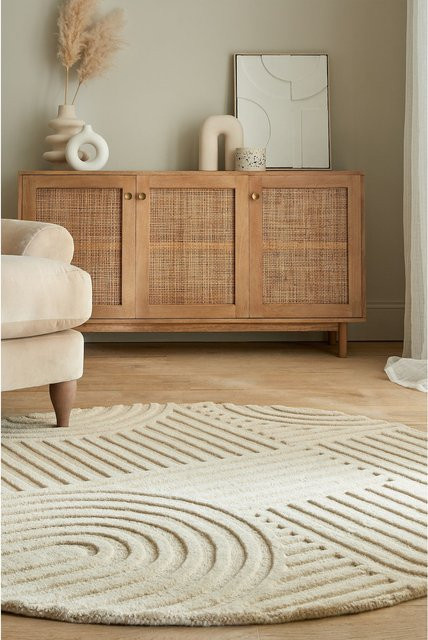 Wollteppich Kadima Design in Natur/Beige mit Hoch-Tief-Effekt und Linienrelief, Durchmesser: 160 cm - Bild 1
