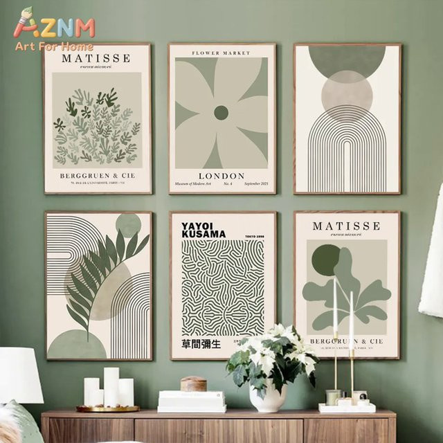AZNM Leinwand-Wandkunstdruck Sage Green Matisse Yayoi Kusama Boho abstrakte Blumenmarkt geometrische Linienkunst ungerahmt - Bild 1