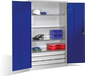 C+P Werkzeugschrank mit Drehtüren, 4 Böden und 3 Schubladen, Korpus Lichtgrau, Front Enzianblau, H x B x T: 195 x 120 x 50 cm - Bild 1