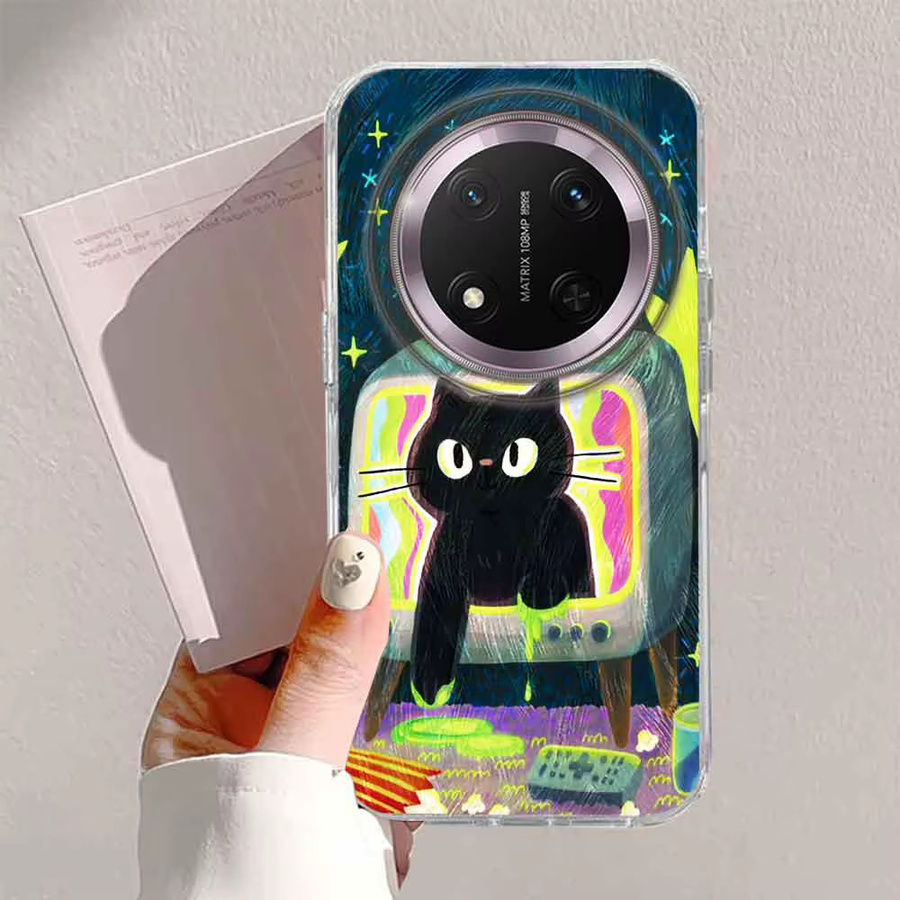 Handyhülle mit Cartoon Katze und Blumen Design für Honor X9c X9b X9a X8a X8b X7c X6c Smart Pro Magic7 6 5 70 Lite in Schwarz und Multicolour - Bild 2