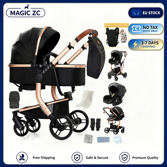 Oubeauou 3-in-1 Kombi-Kinderwagen mit Babywanne in Schwarz - Bild 1