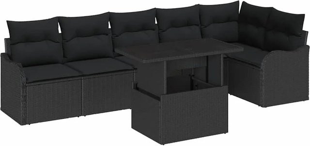 vidaXL Garten-Sofa-Set 7-tlg. in Schwarz aus Poly-Rattan mit Kissen und Couchtisch für Terrasse und Garten - Bild 1