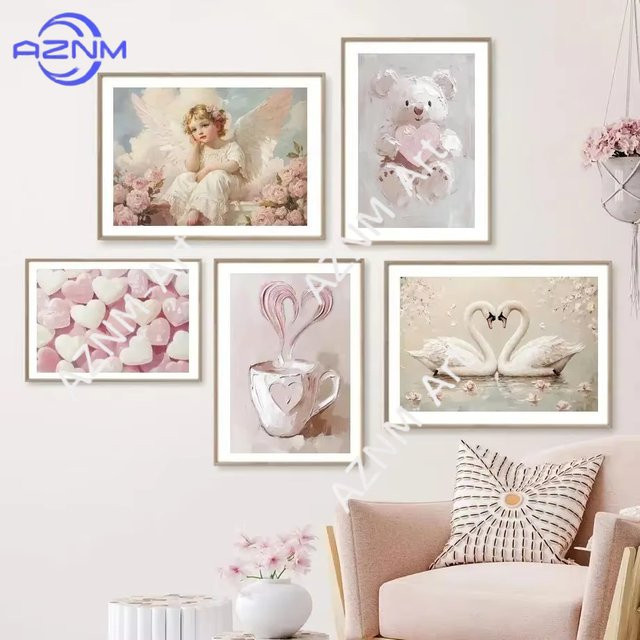 KAYOU Retro Leinwandbild Rosa Mädchenherz mit Bär, Schleife und Schmetterling zur Wanddekoration - Bild 1