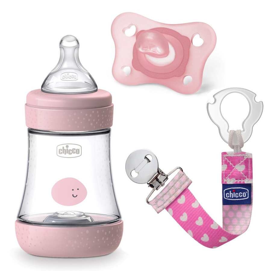 Chicco 3-tlg. Geschenkset mit Perfect5 Flasche 150 ml, Schnuller und Schnullerband in Rosa, BPA-frei und mit Anti-Colic-Ventil - Bild 1