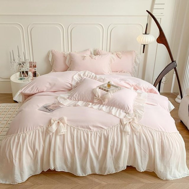 Bin Chi Textiles Prinzessin Bettwäsche Set aus Mikrofaser in Rosa mit Spitze und Schleifen, 3-teilig, B/H: 135 x 200 cm mit Laken 90 x 190 cm - Bild 1