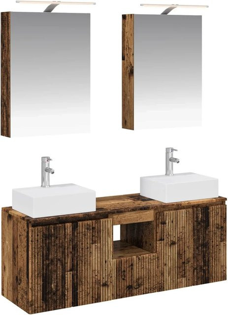 vidaXL Badezimmerschrank-Set aus Holz in Braun, 5-teiliges modernes Set mit Waschtischunterschrank, Spiegelschrank mit LED-Beleuchtung und Wandschränken - Bild 1