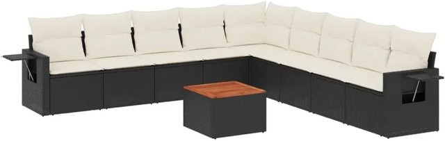 vidaXL 10-tlg. Garten-Sofagarnitur in L-Form aus Polyrattan und Akazienholz mit Kissen, Schwarz - Bild 1