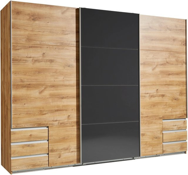 Mömax Schwebetürenschrank Eiche in Grau und Braun mit Glaselementen und Schubladen B/H/T: 270 x 210 x 65 cm - Bild 1