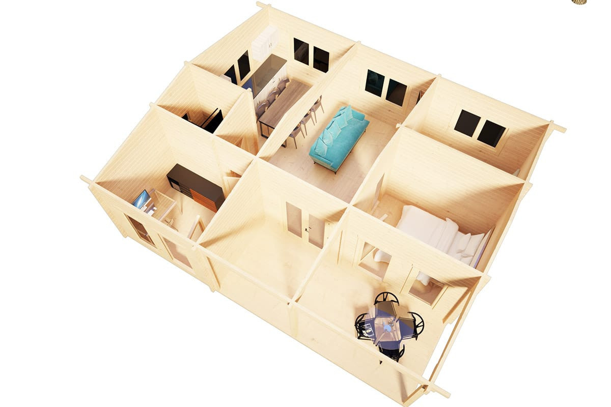 Blockhaus Hansa Holiday D mit drei Schlafzimmern als großes Gartenhaus aus Holz, 9 x 8 m - Bild 2