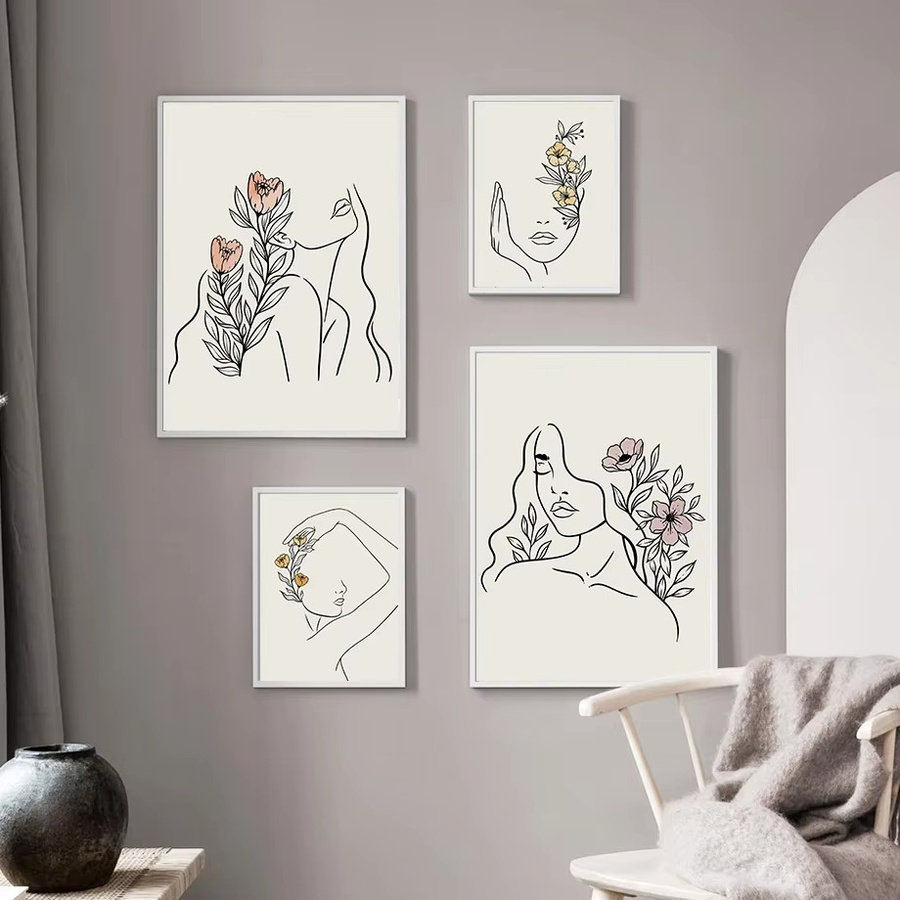 Potdemiel Abstrakte Leinwandmalerei mit Blumen, Gesicht und Körper im Nordic-Stil, Mehrfarbiges Wandbild für Wohnzimmer und Salon - Bild 2