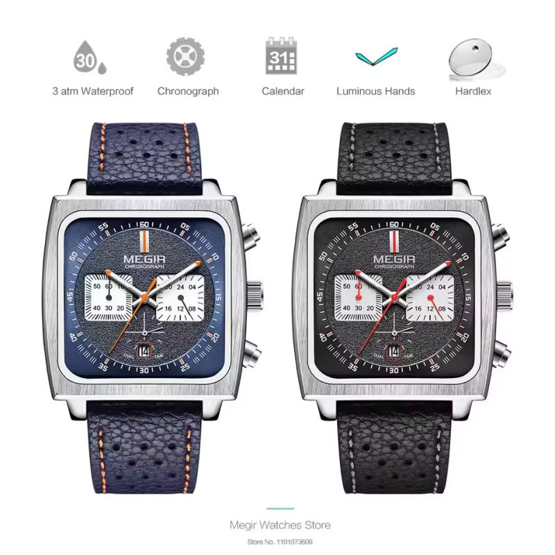 MEGIR Armbanduhr, Quarz, blau, schwarzes eckiges Zifferblatt, Lederband, Herren - Bild 4