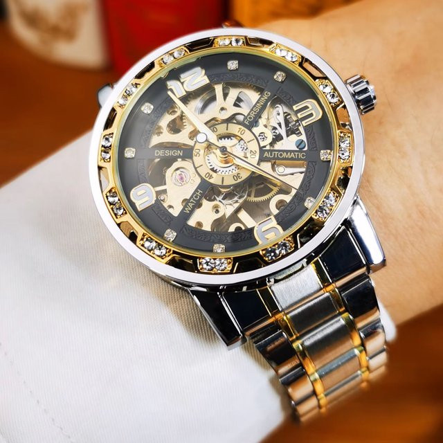 Forsining Armbanduhr, Skelett-Mechanikuhr, Edelstahl, Diamantbesetzt, Herren - Bild 1