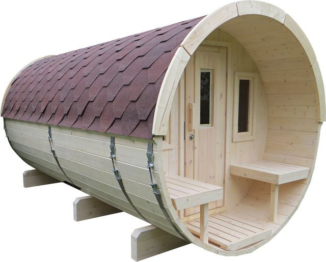 Saunafass SIDA von Wolff Finnhaus aus Fichte mit roten Dachschindeln, Durchmesser: 205 cm, Höhe: 400 cm - Bild 1