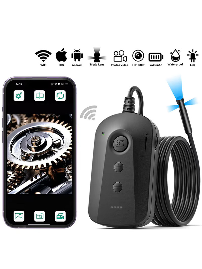 VISHRT Industrielle WiFi-Endoskop-Videokamera mit Dual-Dreifachobjektiv und LED-Beleuchtung, wasserdicht, Schwarz, 2600 mAh - Bild 3