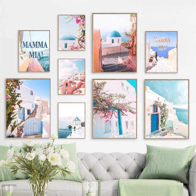 Minimalistisches Reiseplakat Santorini als Leinwandgemälde in Blau von Potdemiel - Bild 1