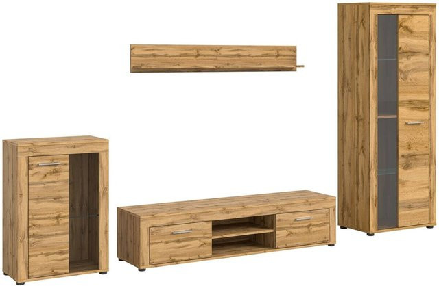 Wohnwand Jam von xonox.home in Eiche Braun mit Vitrine und Glastüren B/H/T: 310 x 169 x 35 cm - Bild 1