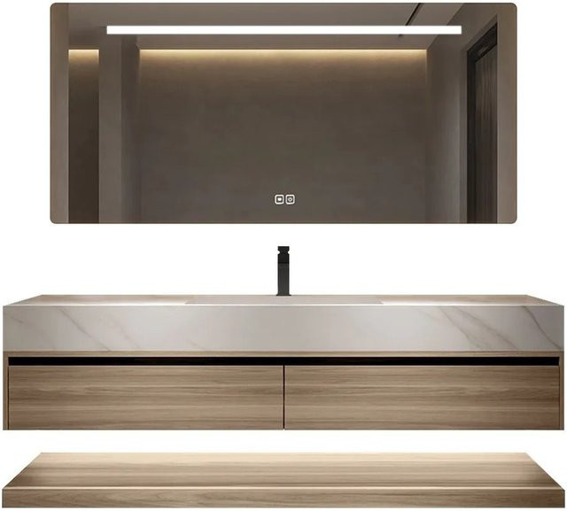 360Home Badezimmer Waschbecken Set mit Unterschrank und Spiegelschrank in Weiß und Holzoptik, B/T/H: 130 x 55 x 25 cm - Bild 1