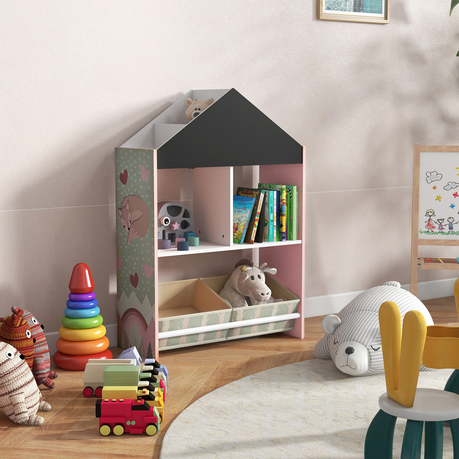 ZONEKIZ Spielzeugregal für Kinder mit Tafel und herausnehmbaren Schubladen, Kinderzimmermöbel in Rosa von Aosom - Bild 2