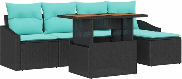 vidaXL Garten Essgruppe 6-teilig aus Akazienholz und Poly-Rattan in Schwarz und Teal mit Kissen - Bild 1