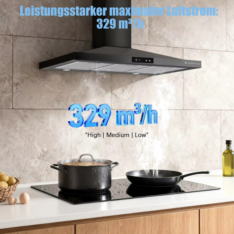 Karinear Dunstabzugshaube in Schwarz und Grau, Wandmontage, A++ Energieeffizienz, Breite: 90 cm, 329 m³/h Luftleistung, Umluft und Abluft mit Aktivkohlefilter - Bild 2