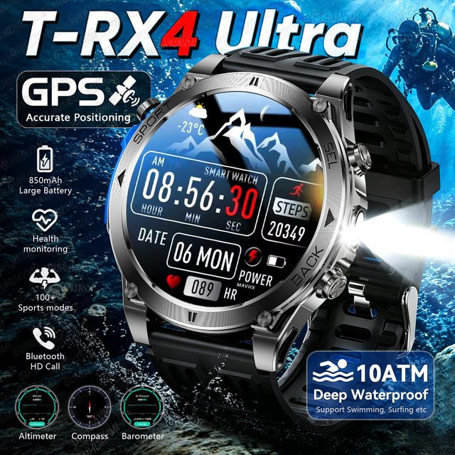 GUHUAVMI T-RX 4 Militär-GPS-Smartwatch für Herren in Schwarz mit 6 Satelliten, 10 ATM Wasserdichtigkeit, HD-Anruffunktion und 170+ Sportmodi - Bild 1