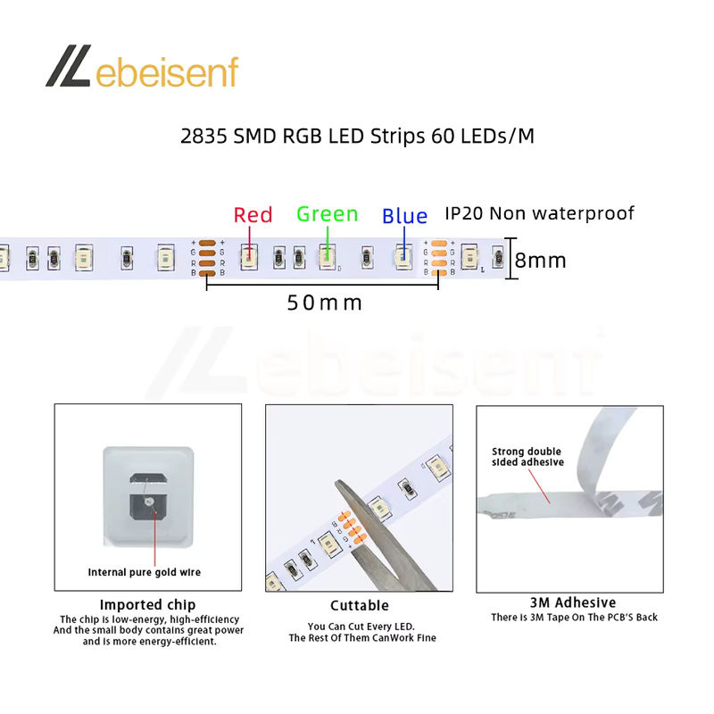 Lebeisenf RGB LED Strip Set mit 5m Länge, 60 LEDs/m SMD, USB-Anschluss und 24-Tasten-Funkfernbedienung, Multicolor - Bild 4