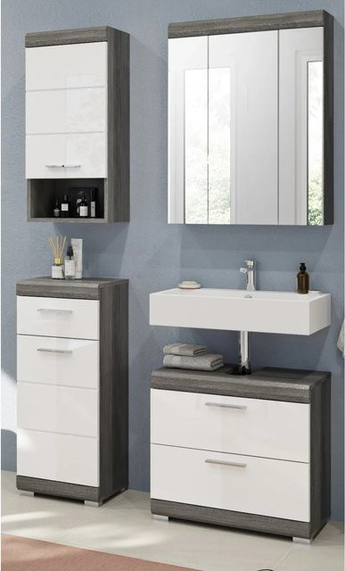 Inn.Furn Badmöbel-Set Shawn in Weiß Hochglanz und Grau, 4-teilig mit LED-Beleuchtung, Breite: 112 cm - Bild 1