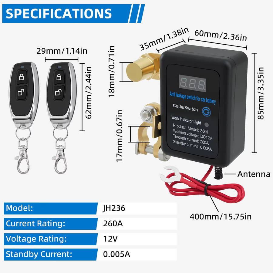 RYSJM Automatischer Batterie-Trennschalter mit Fernbedienung DC 12V 260A für Auto SUV und Lkw in Schwarz - Bild 2
