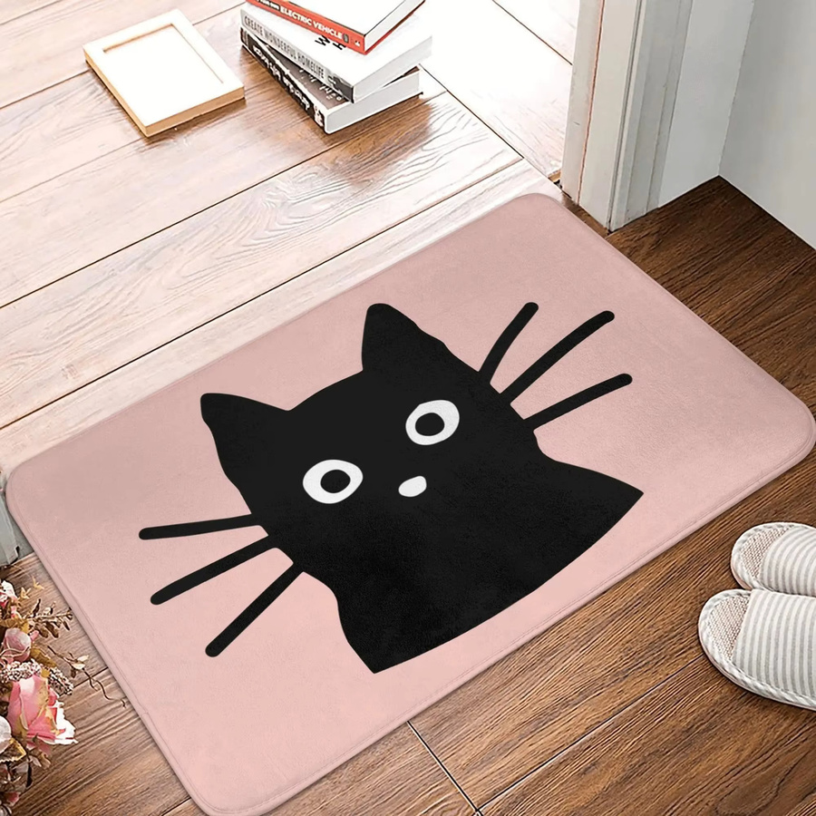 Rutschfester Cartoon-Katzen-Teppich in Rosa, Blau und Gelb mit schwarzem Katzendruck für dein Schlafzimmer - Bild 2
