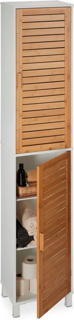 Relaxdays Badezimmerschrank aus MDF und Bambus in Weiß und Natur mit Magnetverschluss, H x B x T: 190 x 40 x 30 cm - Bild 1