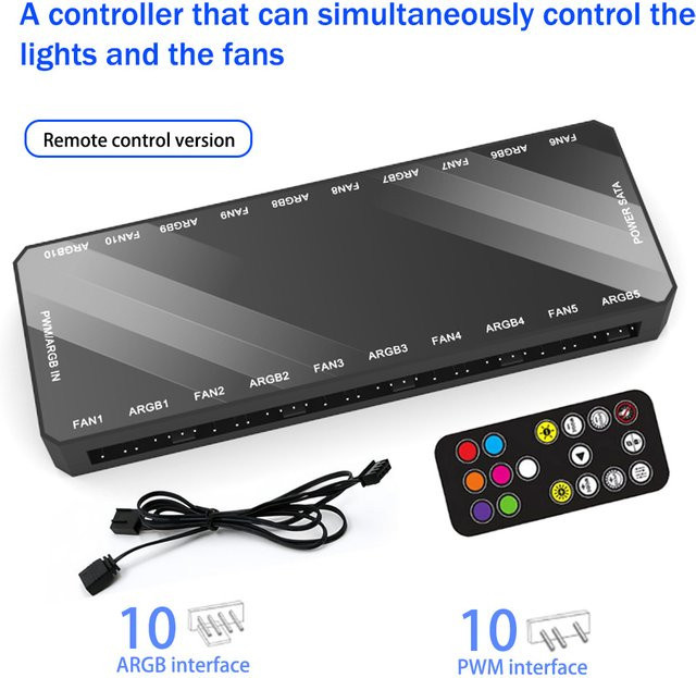 AuyiHomu 10-in-1 ARGB-Lüftersteuerung in Schwarz mit Fernbedienung und SATA-Anschluss für PC-Gehäuse zur Steuerung von RGB-Beleuchtung und Lüftergeschwindigkeit - Bild 1