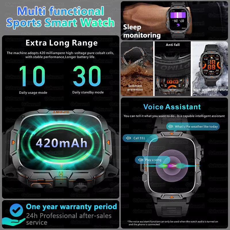 GUHUAVMI Smartwatch, 1,96 Zoll AMOLED, 5 ATM, Schwarz, Herren - Bild 5
