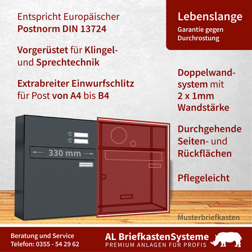 AL Briefkasten für 2 Parteien mit Zaundurchwurf, grau, B/H/T: 38,5 x 79,8 x 11,6 cm - Bild 2