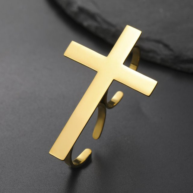 Fingerring Kreuz, Edelstahl, Gold, Unisex - Bild 1