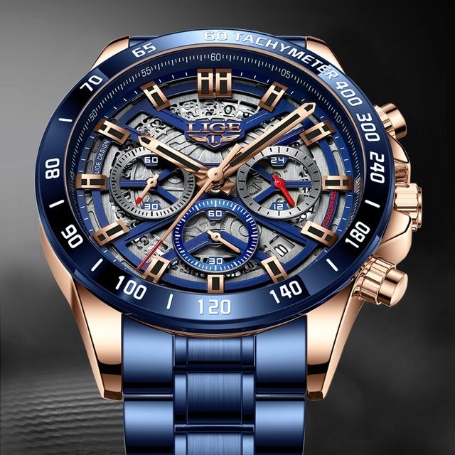 LIGE Chronograph, Quarz, Edelstahl, Blau, Herren - Bild 1