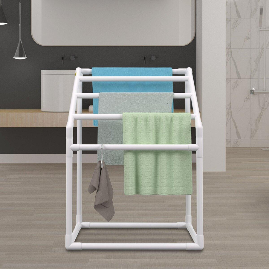 Buying Solutions, MB Pool-Handtuchständer aus PVC in Weiß mit 5 Stangen, 8 Handtuchklammern, Netztasche und Haken, freistehender Aufbewahrungsorganizer für den Außenbereich, H x B x T: 127 x 64 x 15 cm - Bild 2