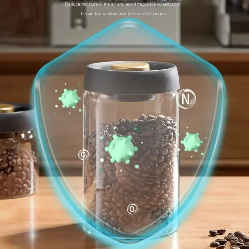 Ouhoe Vakuum-Kaffeedose aus Borosilikatglas, transparent/schwarz, feuchtigkeitsbeständige Vorratsdose für Kaffeebohnen und Tee - Bild 2