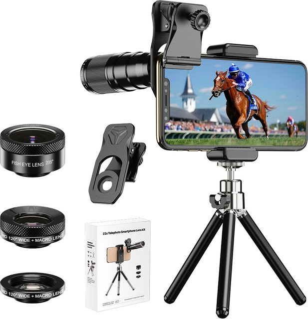 APEXEL 4-in-1 Handy-Kamera-Objektiv-Set mit 22X Teleskop-Zoom, Makro, Weitwinkel und Fisheye in Schwarz für iPhone 17 Pro und Samsung - Bild 1