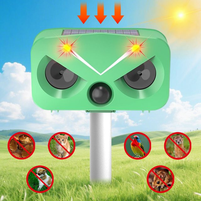 SAIJZEK Solarbetriebener Ultraschall-Tiervertreiber mit Infrarotsensor und LED-Blinklicht in Grün zur Vogelabwehr und Nagetierabschreckung für den Garten - Bild 1