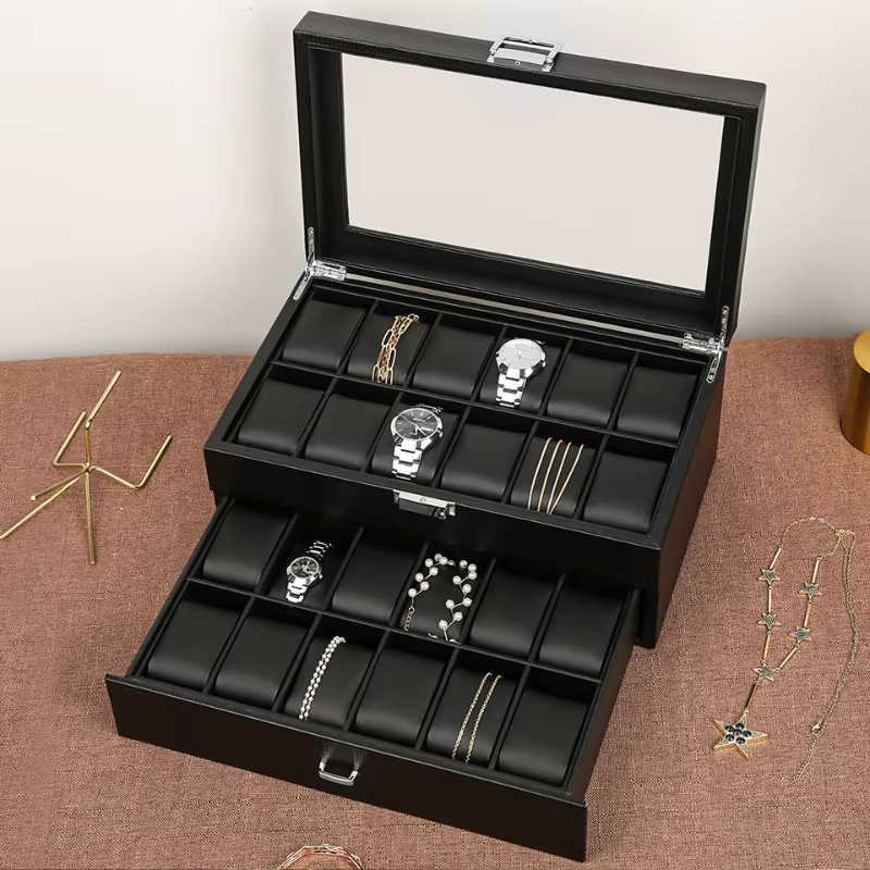 DOKW Uhrenbox-Organizer aus schwarzem PU-Leder mit Kohlefaser-Optik, doppellagig mit 24 Fächern und quadratischem Glasdeckel zur Schmuckaufbewahrung - Bild 2