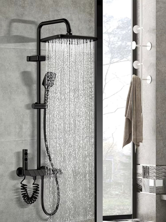 Duscharmatur-Set mit Digitalanzeige und Thermostat in Matt Schwarz und Grau aus Messing mit 4 Funktionen - Bild 4
