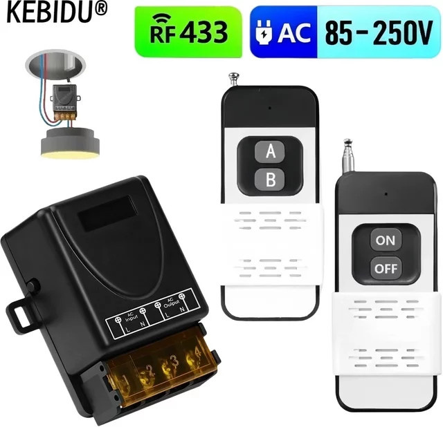 Kebidu Drahtlose RF Fernbedienung Schalter 433 MHz mit 30A Reichweite bis 1000m, AC85-220V, Schwarz - Bild 1