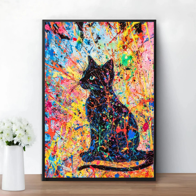 Abstraktes Katzenposter im Jackson Pollock Stil als bunte Wandkunst aus Papier, Mehrfarbig - Bild 1