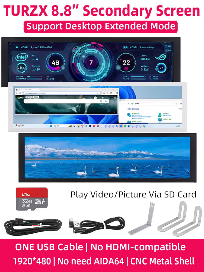TURZX Smart Display 8,8 Zoll USB-C Sekundärbildschirm mit IPS LCD für PC, 1920x480 Auflösung, Schwarz oder Weiß - Bild 5