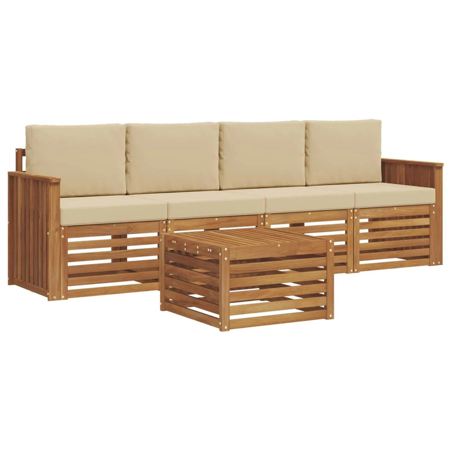 vidaXL Sofagarnitur aus Massivholz Akazie in Natur und Beige mit Kissen und Tisch im modernen Latten-Design - Bild 2