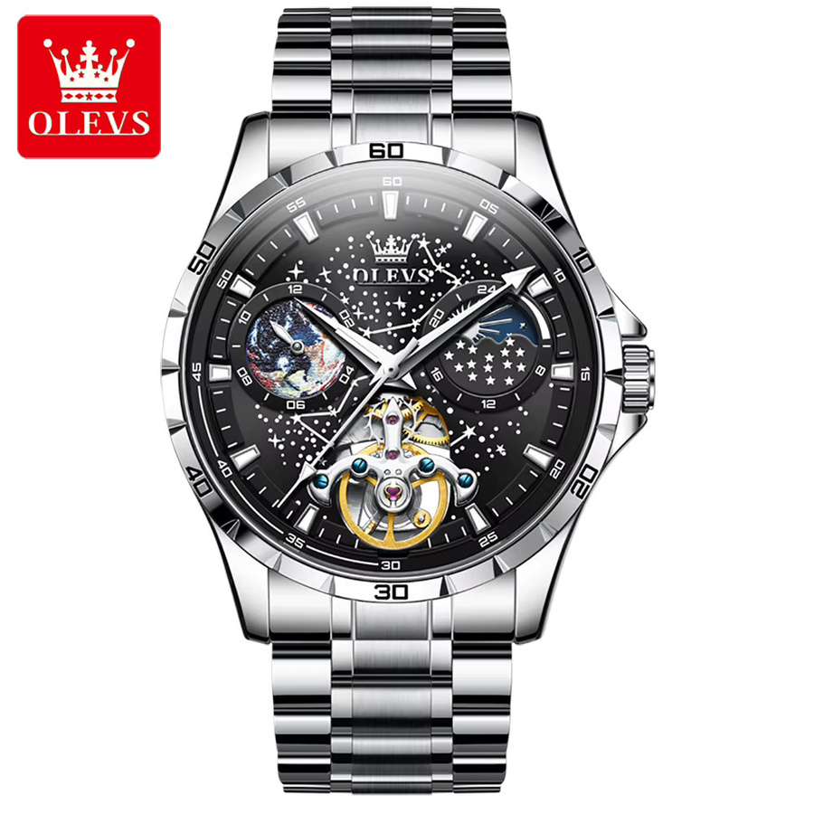 OLEVS Chronograph, Automatik, Edelstahl, Schwarz, Silber, Herren - Bild 7