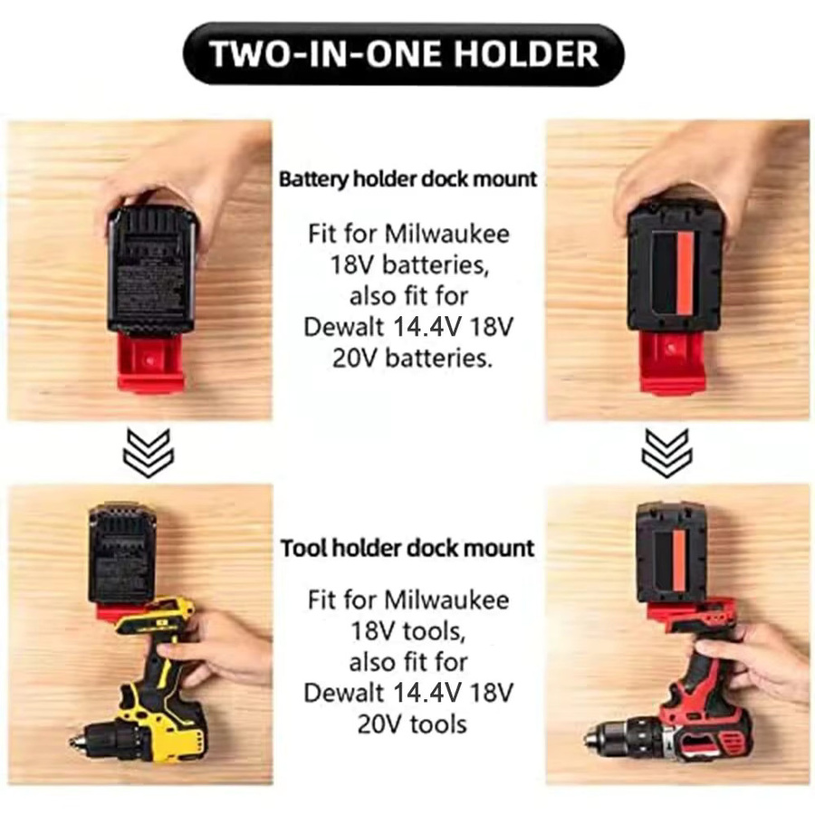 5 Stück 2-in-1 Werkzeugaufhänger und Dock, wandmontierter Batteriehalter für DeWalt 20 V und Milwaukee 18 V Akkus, Farbe: Rot - Bild 4
