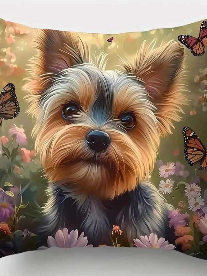 VIKAMA Yorkshire Terrier Kissenbezug mit floralem Garten-Design, quadratisch, Mehrfarbig, B/B/H: 40 x 40 x 40 cm - Bild 3
